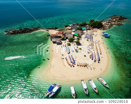 Aerial view drone shot of Amazing small island beautiful tropical sandy beach landscape view at koh Khai maew Island in Phang Nga Thailand,Amazing small island with many Cats live in small island Aerial view drone shot of Amazing small island beautiful tropical sandy beach landscape view at koh Khai maew Island in Phang Nga Thailand,Amazing small island with many Cats live in small island 109228018