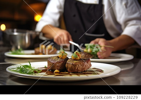 Blurry background of the chef is pouring the sauce on beef is main dish Blurry background of the chef is pouring the sauce on beef is main dish 109228229