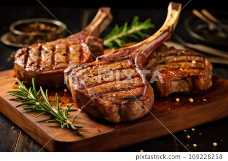 Freshly grilled Tomahawk steaks on wooden cutting board Freshly grilled Tomahawk steaks on wooden cutting board 109228258