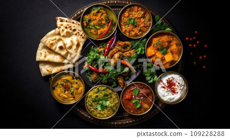 Assorted indian food on black background 109228288