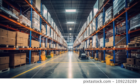 Massive Industrial Warehouse with High Shelves, Cardboard Boxes and Forklift. Distribution Center Storage Facility Interior 109228289