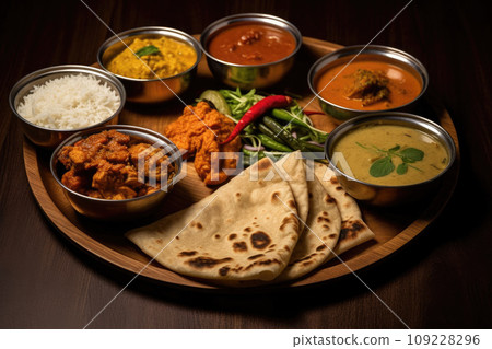 Typical curry set meal of meals south India with Chicken Tandoori, Mutton Curry, Subji Typical curry set meal of meals south India with Chicken Tandoori, Mutton Curry, Subji 109228296