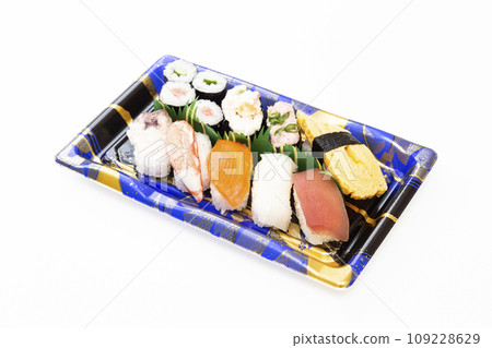 Packed sushi placed on a white background Packed sushi placed on a white background 109228629