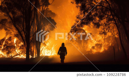 Silhouette of fireman fighting bushfire at night, man against the fire Silhouette of fireman fighting bushfire at night, man against the fire 109228786