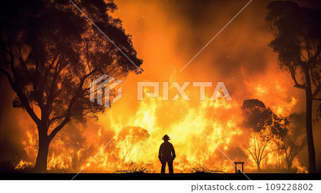 Silhouette of fireman fighting bushfire at night, man against the fire 109228802