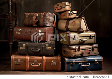 Pile of old vintage bag suitcases Pile of old vintage bag suitcases 109228851