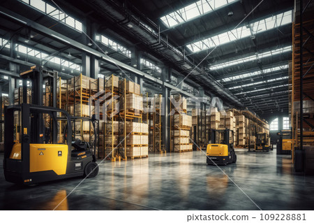 Large modern warehouse with forklift 109228881