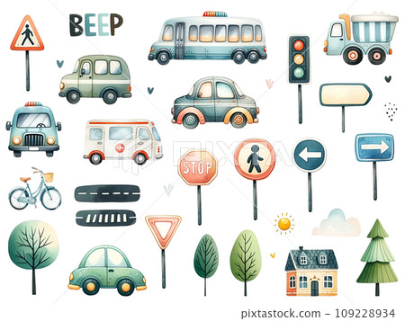 Set of childish cute transport and traffic signs illustrations isolated on white background. 109228934