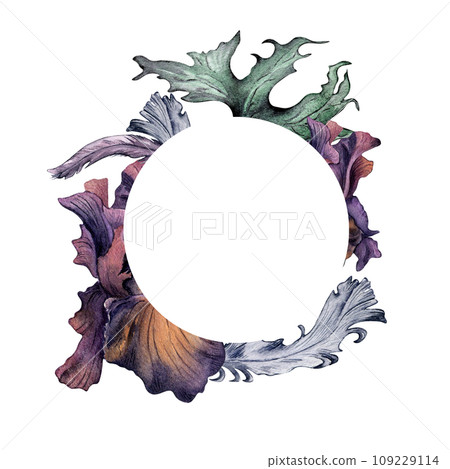 Watercolor purple Iris flower and feather isolated on white. Gothic floral circle frame hand drawn. Dark botanical decoration for packaging. Element for invitation, stationery, card, printing Watercolor purple Iris flower and feather isolated on white. Gothic floral circle frame hand drawn. Dark botanical decoration for packaging. Element for invitation, stationery, card, printing 109229114