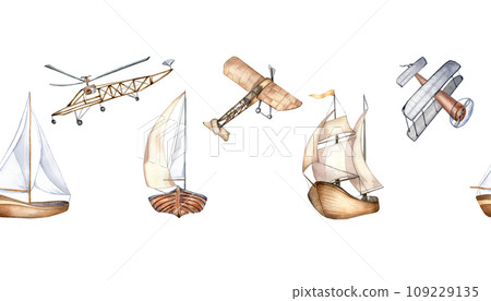 Seamless watercolor border with ships and airplanes. Hand drawn sea and air transport isolated on white background. Sailboat, yacht illustration in pastel colors. Childish element for design room 109229135