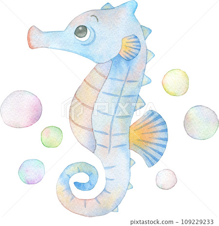 彩色海馬迴和氣泡的水彩插圖 彩色海馬迴和氣泡的水彩插圖 109229233