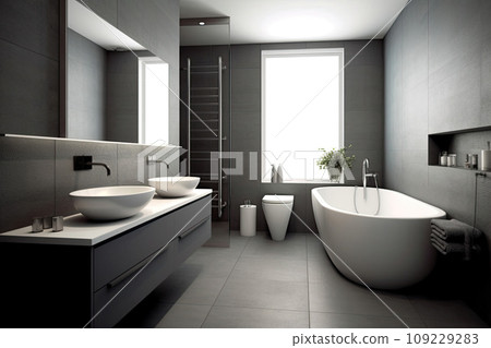 A modern bathroom in gray colors in a simple style A modern bathroom in gray colors in a simple style 109229283