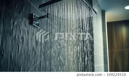Close up of Water flowing from shower in the bathroom interior 109229310