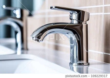 Interior of bathroom with sink basin faucet. Open chrome faucet washbasin. Interior of bathroom with sink basin faucet. Open chrome faucet washbasin. 109229317