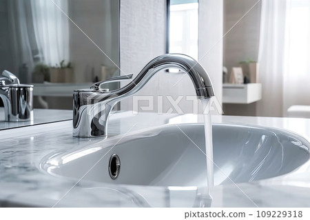 Interior of bathroom with sink basin faucet. Open chrome faucet washbasin. 109229318