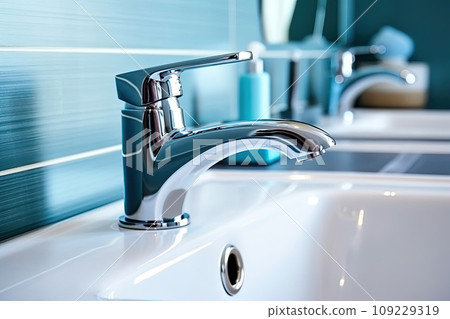 Interior of bathroom with sink basin faucet. Open chrome faucet washbasin. Interior of bathroom with sink basin faucet. Open chrome faucet washbasin. 109229319