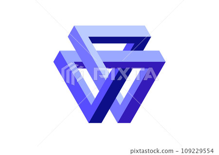 Impossible triangle shape. Optical visual illusion. Triangular Infinite loop symbol. Blue purple unreal geometric form. Solid puzzle element for logo, icon, label, tag, decor. Vector illustration Impossible triangle shape. Optical visual illusion. Triangular Infinite loop symbol. Blue purple unreal geometric form. Solid puzzle element for logo, icon, label, tag, decor. Vector illustration 109229554