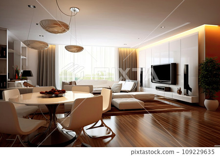 Modern apartment interior - dining table and living-room Modern apartment interior - dining table and living-room 109229635