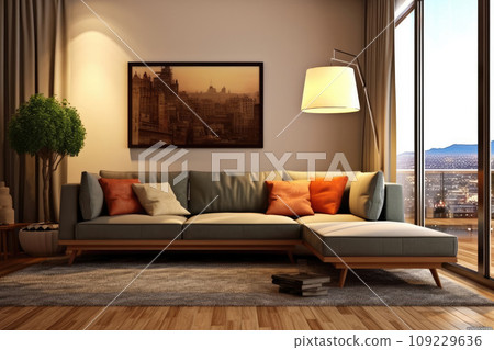Modern living room design with sofa and wooden lamp Modern living room design with sofa and wooden lamp 109229636