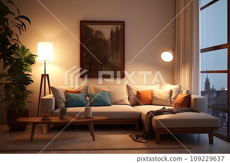 Modern living room design with sofa and wooden lamp 109229637
