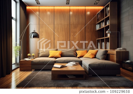 Modern living room design with sofa and wooden lamp Modern living room design with sofa and wooden lamp 109229638
