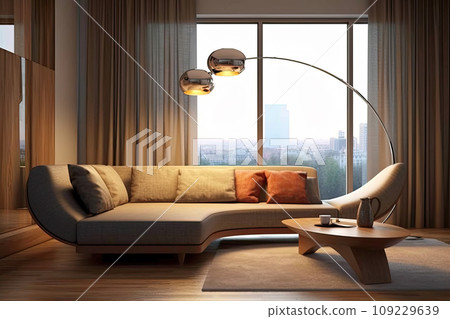 Modern living room design with sofa and wooden lamp Modern living room design with sofa and wooden lamp 109229639