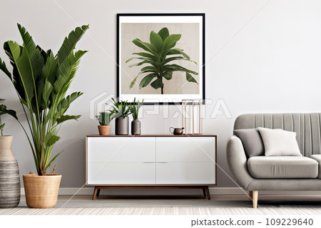 Poster above white cabinet with plant next to grey sofa in simple living room interior Poster above white cabinet with plant next to grey sofa in simple living room interior 109229640
