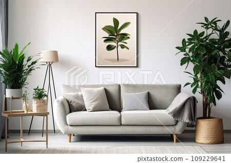 Poster above white cabinet with plant next to grey sofa in simple living room interior 109229641