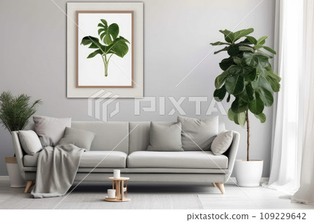 Poster above white cabinet with plant next to grey sofa in simple living room interior Poster above white cabinet with plant next to grey sofa in simple living room interior 109229642