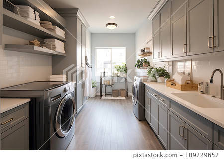 Walk in closet and laundry room with staging and stainless appliances deep sink grey cabinets Walk in closet and laundry room with staging and stainless appliances deep sink grey cabinets 109229652