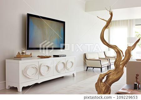 White living room detail tv on wall with commode and epoxy flooring White living room detail tv on wall with commode and epoxy flooring 109229653