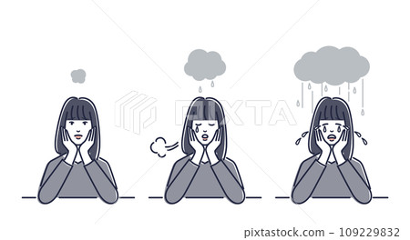 A young woman resting on her chin, a cloudy heart, a rain of tears 109229832