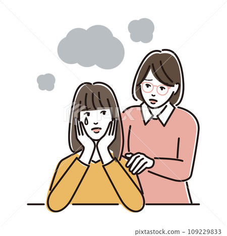 A woman wearing glasses worries about a woman who sheds tears A woman wearing glasses worries about a woman who sheds tears 109229833