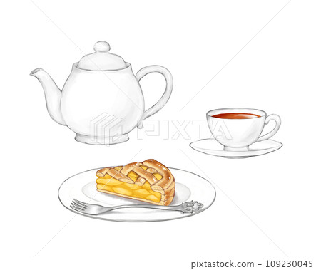 一套厚片蘋果派、茶和茶壺。 一套厚片蘋果派、茶和茶壺。 109230045