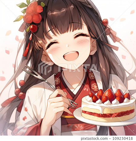 一個可愛的女孩拿著草莓蛋糕的插圖 109230418
