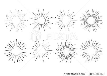 Set Fireworks, rays, sunburst frames circle border decoration, sparkle in doodle style, line sketch explosion isolated on white background. Set Fireworks, rays, sunburst frames circle border decoration, sparkle in doodle style, line sketch explosion isolated on white background. 109230460