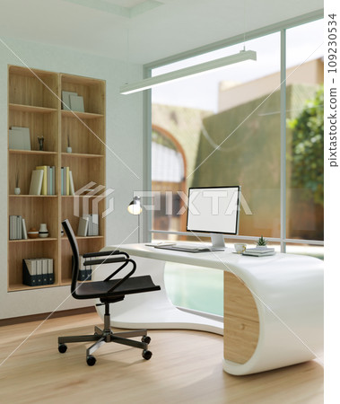 Interior design of a modern private office room or home office with a modern computer desk. Interior design of a modern private office room or home office with a modern computer desk. 109230534