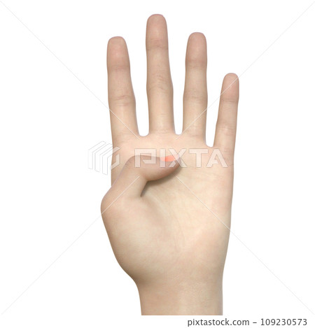 A woman's palm showing four fingers up A hand sign with only the hand parts 3D illustration of only the parts, front 109230573