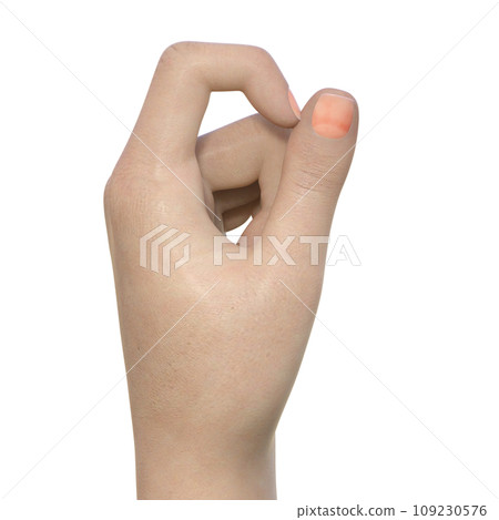 A woman's hand posing with her index finger bent as if making a key hook. 3D illustration of part only, viewed from the side 109230576