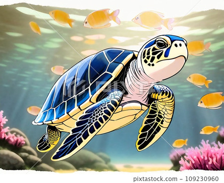 Sea turtle and tropical fish swimming in the sea 109230960