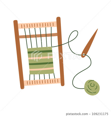 Frame loom weaving icon, weaving coasters and place mats on frame loom, handmade home decor vector illustrations, doodle tools for tapestry, isolated colored clipart on white background Frame loom weaving icon, weaving coasters and place mats on frame loom, handmade home decor vector illustrations, doodle tools for tapestry, isolated colored clipart on white background 109231175