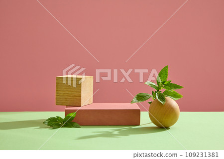 Background for the presentation of cosmetic products with minimal concept. Empty podiums with spearmint leaves and wooden ball decorated on pink background. Space for design Background for the presentation of cosmetic products with minimal concept. Empty podiums with spearmint leaves and wooden ball decorated on pink background. Space for design 109231381