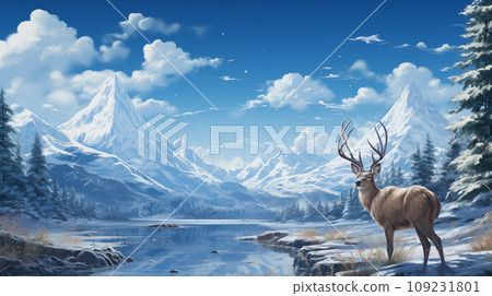 Reindeer in snowy landscape with pines forest and hills on background. Drawing art and paint style of snow-covered field. Horizontal nature scene. 109231801