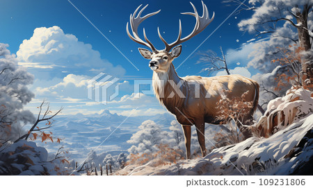 Reindeer in snowy landscape with pines forest and hills on background. Drawing art and paint style of snow-covered field. Horizontal nature scene. Reindeer in snowy landscape with pines forest and hills on background. Drawing art and paint style of snow-covered field. Horizontal nature scene. 109231806