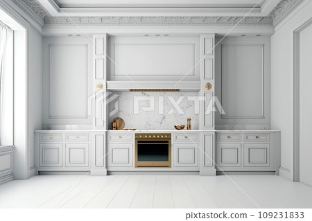 White empty classic kitchen in front view. Kitchen appliances. White empty classic kitchen in front view. Kitchen appliances. 109231833