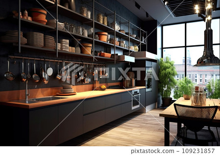 Mind-blowing modern kitchen with hanging iron black shelf on the wall 109231857