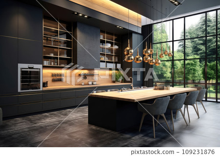 Modern luxury large dark brown, gray and black kitchen details Modern luxury large dark brown, gray and black kitchen details 109231876