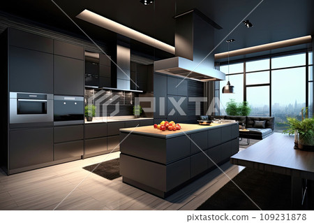 Modern luxury large dark brown, gray and black kitchen details 109231878