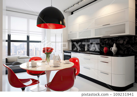Modern black and white kitchen interior with red lamp 109231941