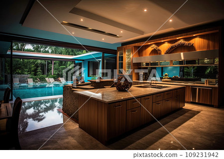 Real estate Luxury interior design pool villa in kitchen area which feature island counter and built in furniture 109231942